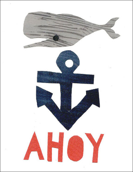 ahoy with anchor and whale - folding greeting card, size A2, 4.25 by 5.5 inches, printed on recycled paper. original paper collage artwork designed by denise fiedler for paste