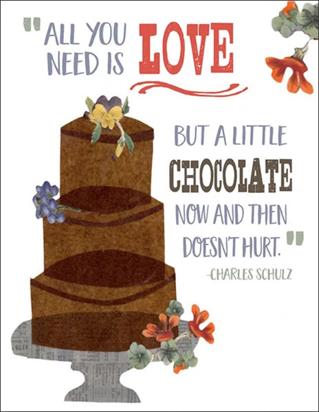 charles schulz quote with cake - folding greeting card, size A2, 4.25 by 5.5 inches, printed on recycled paper. original paper collage artwork designed by denise fiedler for paste