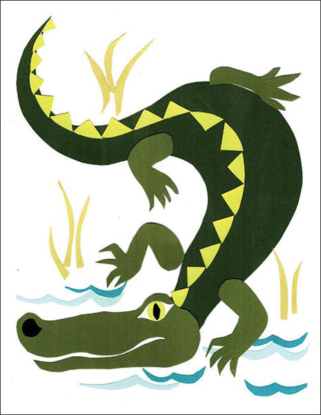 alligator - folding greeting card, size A2, 4.25 by 5.5 inches, printed on recycled paper. original paper collage artwork designed by denise fiedler for paste