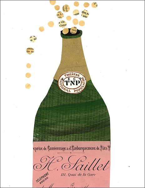 bubbly champagne - folding greeting card, size A2, 4.25 by 5.5 inches, printed on recycled paper. original paper collage artwork designed by denise fiedler for paste