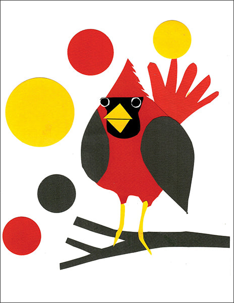 cardinal - folding greeting card, size A2, 4.25 by 5.5 inches, printed on recycled paper. original paper collage artwork designed by denise fiedler for paste