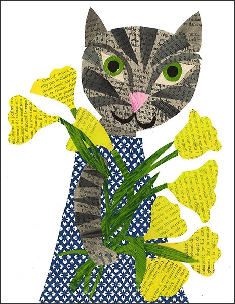 cat and yellow tulips - folding greeting card, size A2, 4.25 by 5.5 inches, printed on recycled paper. original paper collage artwork designed by denise fiedler for paste