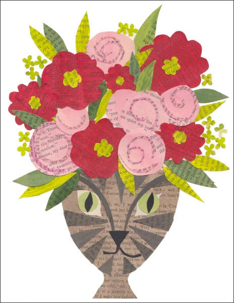 cat in a flowered hat - folding greeting card, size A2, 4.25 by 5.5 inches, printed on recycled paper. original paper collage artwork designed by denise fiedler for paste