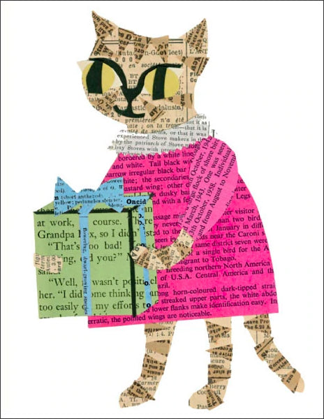 cat with a gift - folding greeting card, size A2, 4.25 by 5.5 inches, printed on recycled paper. original paper collage artwork designed by denise fiedler for paste
