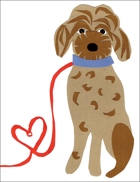 doodle dog - folding greeting card, size A2, 4.25 by 5.5 inches, printed on recycled paper. original paper collage artwork designed by denise fiedler of paste