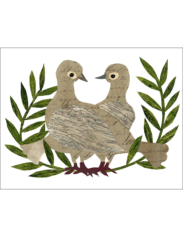 two doves with olive leaf laurel - folding greeting card, size A2, 4.25 by 5.5 inches, printed on recycled paper. original paper collage artwork designed by denise fiedler for paste