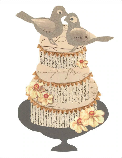 two doves on a layered wedding cake - folding greeting card, size A2, 4.25 by 5.5 inches, printed on recycled paper. original paper collage artwork designed by denise fiedler for paste