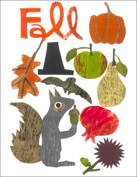 fall collage with animals and fruit - folding greeting card, size A2, 4.25 by 5.5 inches, printed on recycled paper. original paper collage artwork designed by denise fiedler for paste