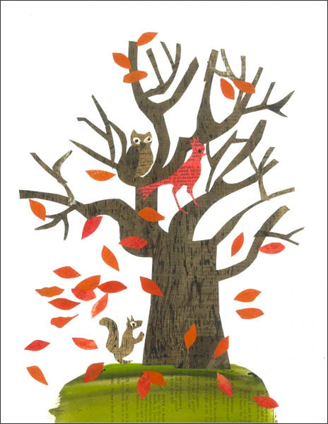 fall tree with birds - folding greeting card, size A2, 4.25 by 5.5 inches, printed on recycled paper. original paper collage artwork designed by denise fiedler for paste