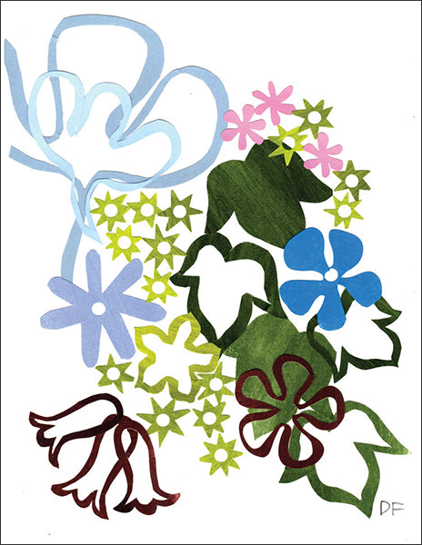 floral abstract in blue - folding greeting card, size A2, 4.25 by 5.5 inches, printed on recycled paper. original paper collage artwork designed by denise fiedler for paste