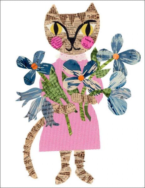 floral cat girl - folding greeting card, size A2, 4.25 by 5.5 inches, printed on recycled paper. original paper collage artwork designed by denise fiedler for paste