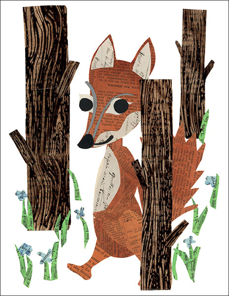 forest fox - folding greeting card, size A2, 4.25 by 5.5 inches, printed on recycled paper. original paper collage artwork designed by denise fiedler for paste