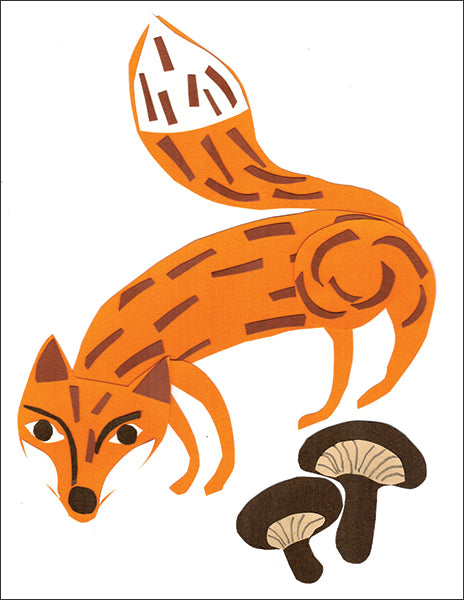 fox - folding greeting card, size A2, 4.25 by 5.5 inches, printed on recycled paper. original paper collage artwork designed by denise fiedler for paste