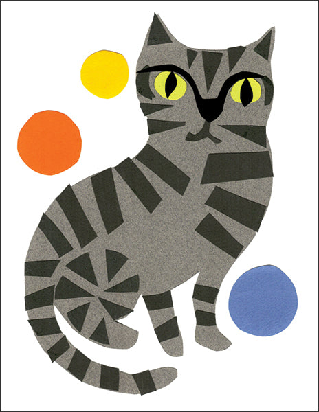 gray striped cat - folding greeting card, size A2, 4.25 by 5.5 inches, printed on recycled paper. original paper collage artwork designed by denise fiedler for paste
