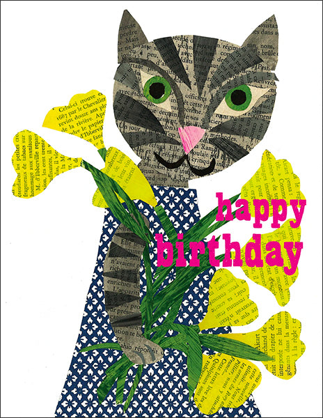 happy birthday cat - folding greeting card, size A2, 4.25 by 5.5 inches, printed on recycled paper. original paper collage artwork designed by denise fiedler for paste
