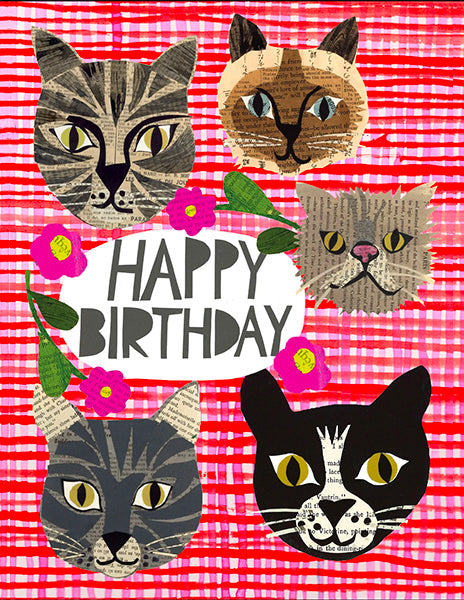 happy birthday cats - folding greeting card, size A2, 4.25 by 5.5 inches, printed on recycled paper. original paper collage artwork designed by denise fiedler for paste