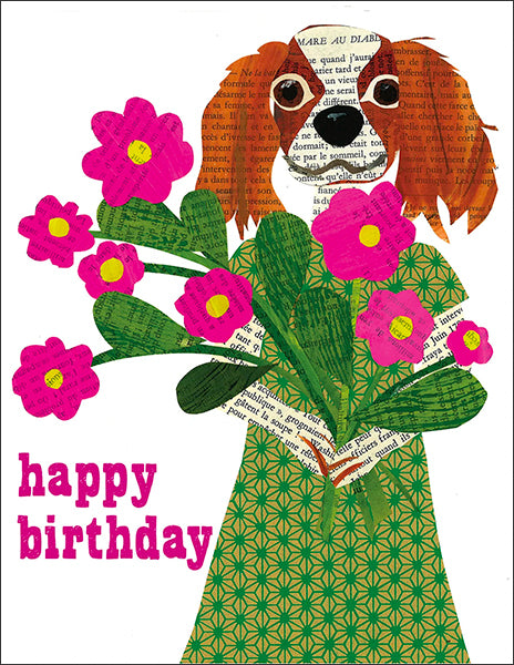 happy birthday king charles spaniel - folding greeting card, size A2, 4.25 by 5.5 inches, printed on recycled paper. original paper collage artwork designed by denise fiedler for paste