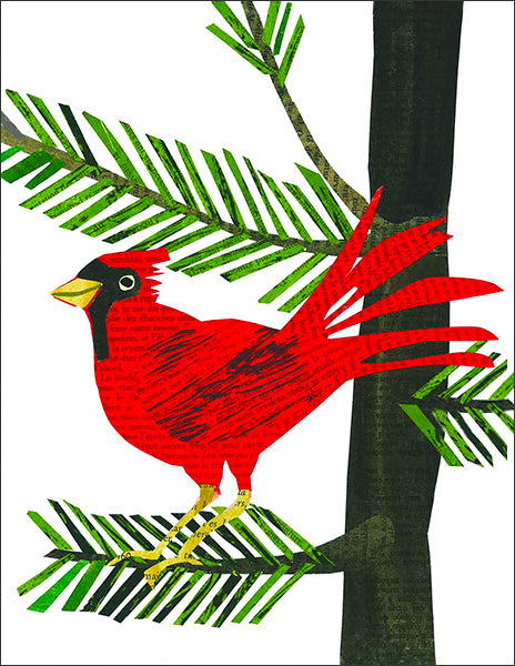 holiday cardinal - folding greeting card, size A2, 4.25 by 5.5 inches, printed on recycled paper. original paper collage artwork designed by denise fiedler for paste