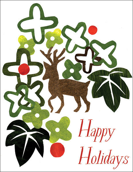 deer and berries holiday - folding greeting card, size A2, 4.25 by 5.5 inches, printed on recycled paper. original paper collage artwork designed by denise fiedler for paste