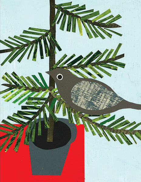 holiday tree bird - folding greeting card, size A2, 4.25 by 5.5 inches, printed on recycled paper. original paper collage artwork designed by denise fiedler for paste