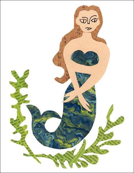 mermaid - folding greeting card, size A2, 4.25 by 5.5 inches, printed on recycled paper. original paper collage artwork designed by denise fiedler for paste