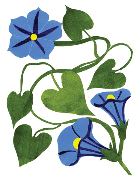 morning glories - folding greeting card, size A2, 4.25 by 5.5 inches, printed on recycled paper. original paper collage artwork designed by denise fiedler for paste