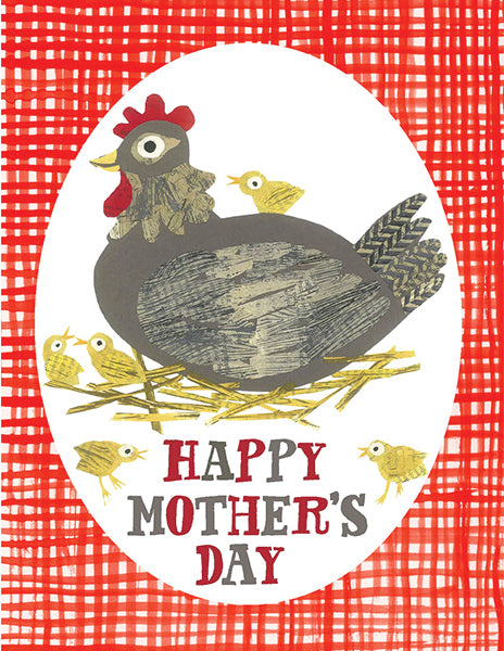 mother's day hen - folding greeting card, size A2, 4.25 by 5.5 inches, printed on recycled paper. original paper collage artwork designed by denise fiedler for paste