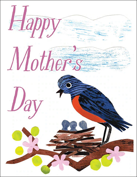 mother's day bluebird - folding greeting card, size A2, 4.25 by 5.5 inches, printed on recycled paper. original paper collage artwork designed by denise fiedler for paste