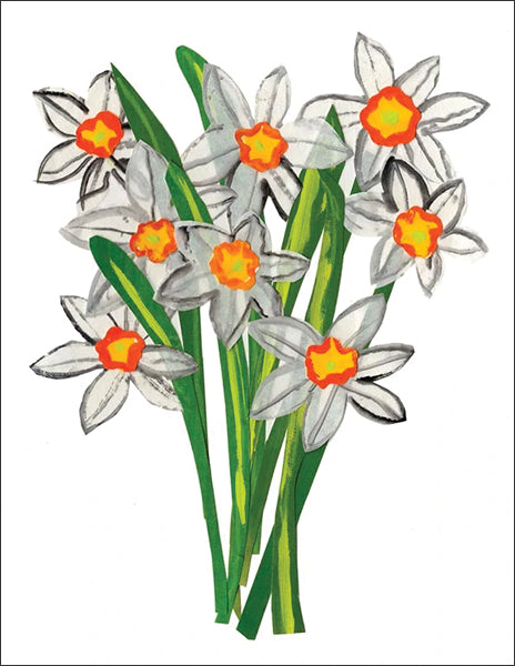 narcissus - folding greeting card, size A2, 4.25 by 5.5 inches, printed on recycled paper. original paper collage artwork designed by denise fiedler for paste