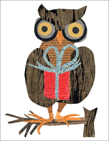 owl with gift - folding greeting card, size A2, 4.25 by 5.5 inches, printed on recycled paper. original paper collage artwork designed by denise fiedler for paste