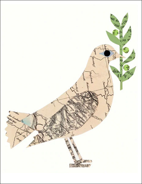 peace dove - folding greeting card, size A2, 4.25 by 5.5 inches, printed on recycled paper. original paper collage artwork designed by denise fiedler for paste