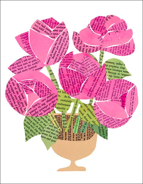 pink roses - folding greeting card, size A2, 4.25 by 5.5 inches, printed on recycled paper. original paper collage artwork designed by denise fiedler for paste