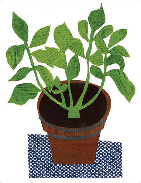 potted plant on indigo - folding greeting card, size A2, 4.25 by 5.5 inches, printed on recycled paper. original paper collage artwork designed by denise fiedler for paste