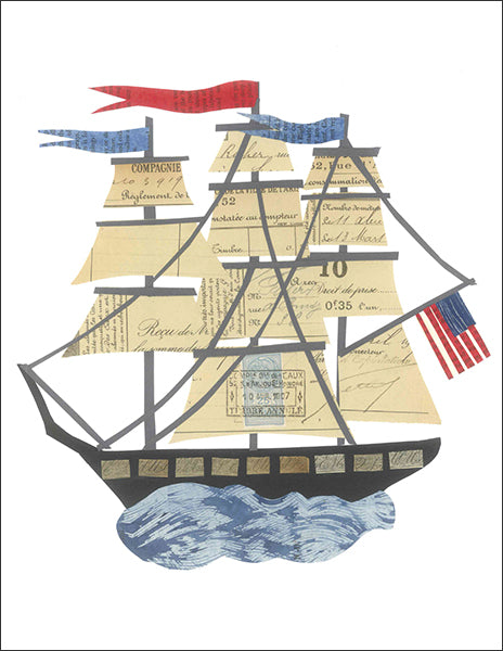 tall ship - folding greeting card, size A2, 4.25 by 5.5 inches, printed on recycled paper. original paper collage artwork designed by denise fiedler for paste