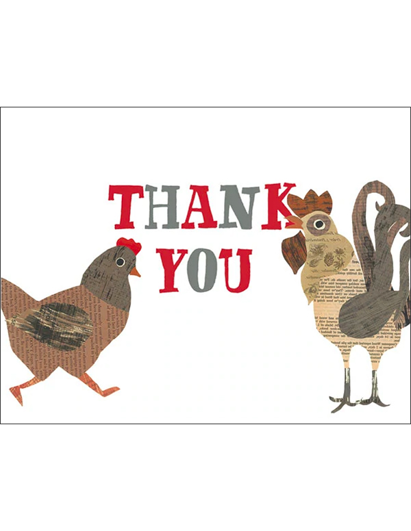 thank you hen and rooster - folding greeting card, size A2, 4.25 by 5.5 inches, printed on recycled paper. original paper collage artwork designed by denise fiedler for paste