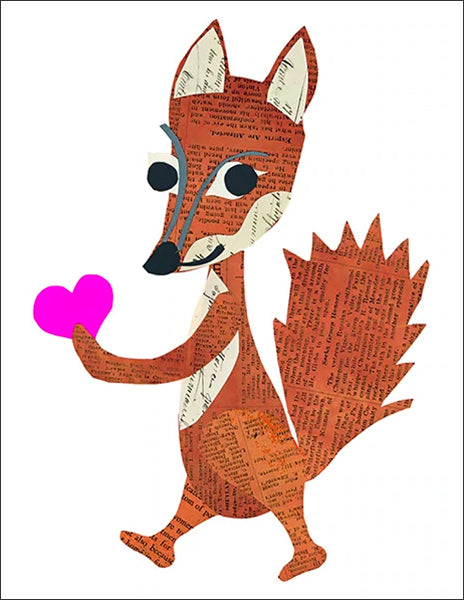 valentine heart fox - folding greeting card, size A2, 4.25 by 5.5 inches, printed on recycled paper. original paper collage artwork designed by denise fiedler for paste