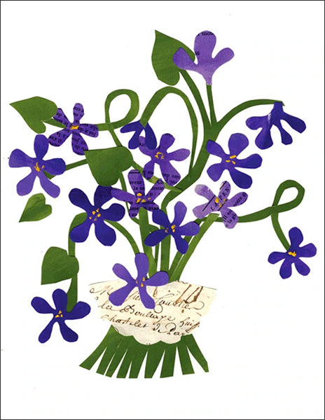violets - folding greeting card, size A2, 4.25 by 5.5 inches, printed on recycled paper. original paper collage artwork designed by denise fiedler for paste