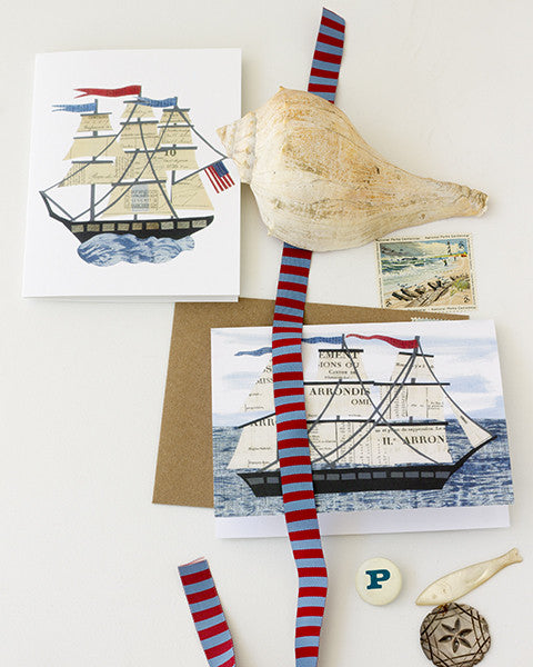 examples of folding greeting cards, nautical theme, size A2, 4.25 by 5.5 inches, printed on recycled paper. original paper collage artwork designed by denise fiedler for paste