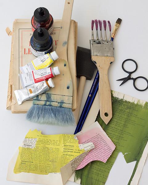 tools used in creating original paper painted collage artwork designed by denise fiedler of paste