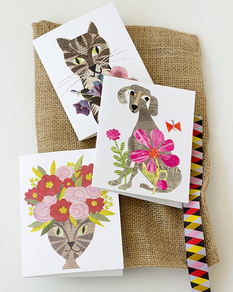 pets with flowers examples of folding greeting cards, size A2, 4.25 by 5.5 inches, printed on recycled paper. original paper collage artwork designed by denise fiedler for past