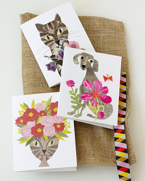 examples of folding greeting cards, size A2, 4.25 by 5.5 inches, printed on recycled paper. original paper collage artwork designed by denise fiedler for paste