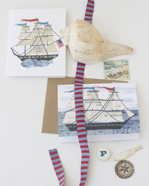 nautical examples of folding greeting cards, size A2, 4.25 by 5.5 inches, printed on recycled paper. original paper collage artwork designed by denise fiedler for paste