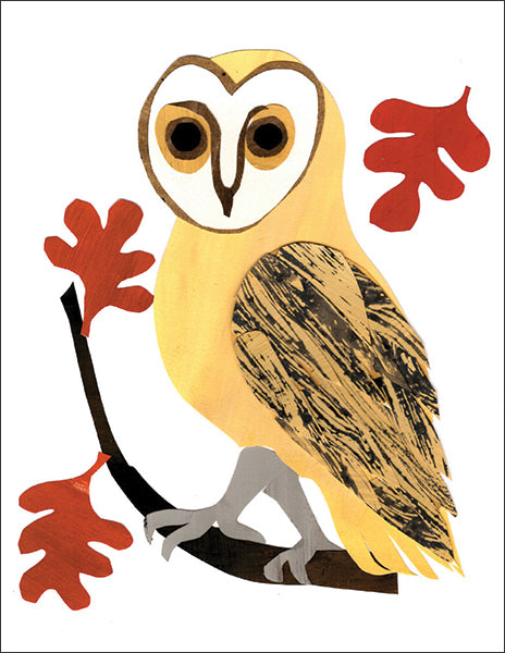 gold barn owl  - folding greeting card, size A2, 4.25 by 5.5 inches, printed on recycled paper. original paper collage artwork designed by denise fiedler for paste