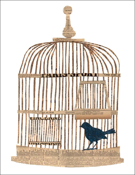 bird in cage door - folding greeting card, size A2, 4.25 by 5.5 inches, printed on recycled paper. original paper collage artwork designed by denise fiedler for paste