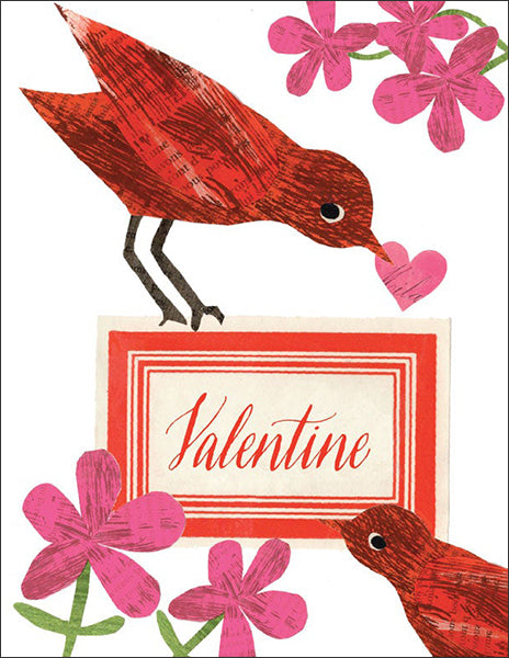 bird valentine - folding greeting card, size A2, 4.25 by 5.5 inches, printed on recycled paper. original paper collage artwork designed by denise fiedler for paste
