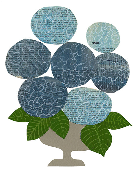 blue hydrangeas - folding greeting card, size A2, 4.25 by 5.5 inches, printed on recycled paper. original paper collage artwork designed by denise fiedler for paste