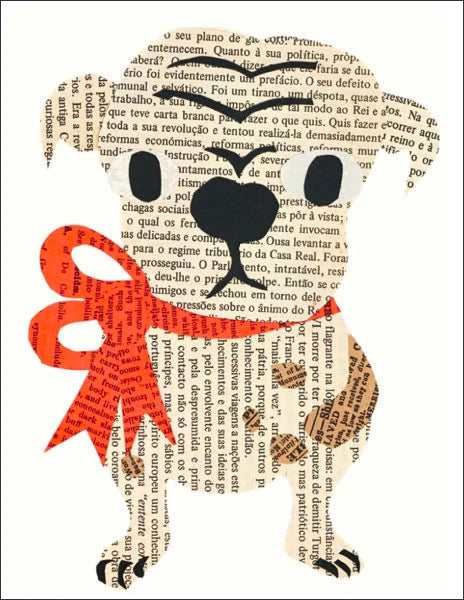 bow dog - folding greeting card, size A2, 4.25 by 5.5 inches, printed on recycled paper. original paper collage artwork designed by denise fiedler for paste 