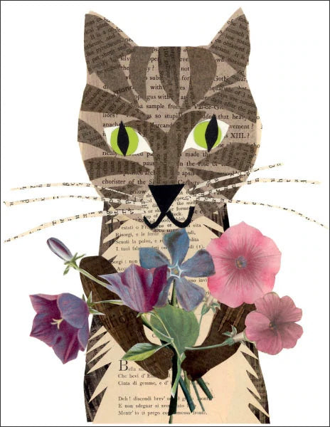 cat with flowers - folding greeting card, size A2, 4.25 by 5.5 inches, printed on recycled paper. original paper collage artwork designed by denise fiedler for paste