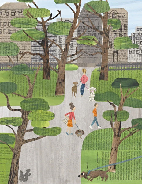 central park - folding greeting card, size A2, 4.25 by 5.5 inches, printed on recycled paper. original paper collage artwork designed by denise fiedler for paste