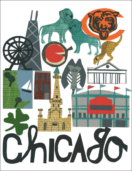 chicago collage - folding greeting card, size A2, 4.25 by 5.5 inches, printed on recycled paper. original paper collage artwork designed by denise fiedler for paste